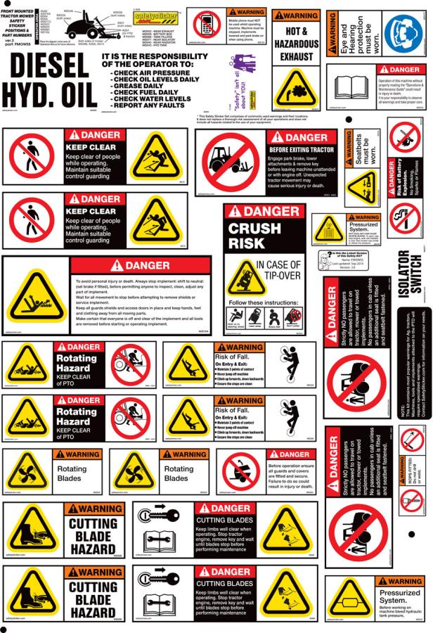 Front Mounted Mower safety Sheet Safety Stickers Safety Decals