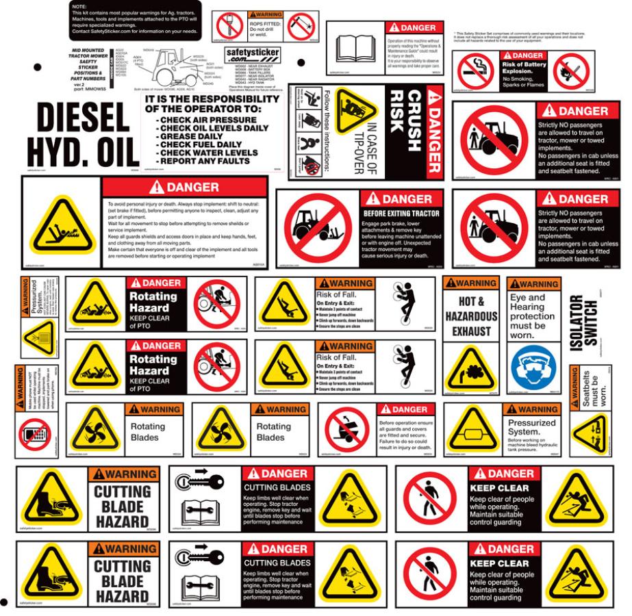 Mid Mounted Mower Safety Sheet Safety Stickers Safety Decals